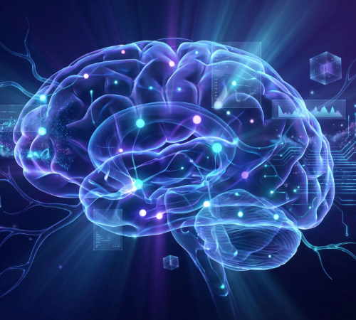 Central AI control core with orbiting intelligent agent nodes, workflow pathways and analytics panels in a premium digital environment.